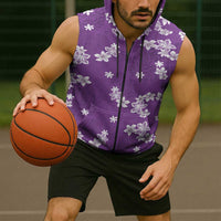 Hawaii Monstera Deliciosa Sleeveless Zip Hoodie Purple Plumeria Polynesian Pattern - Polynesian Pride