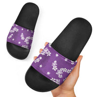 Hawaii Monstera Deliciosa Slide Sandals Purple Plumeria Polynesian Pattern - Polynesian Pride