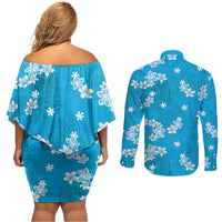 Hawaii Monstera Deliciosa Couples Matching Off Shoulder Short Dress and Long Sleeve Button Shirt Blue Plumeria Polynesian Pattern - Polynesian Pride