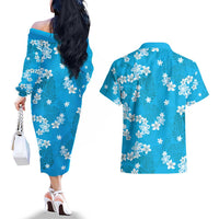Hawaii Monstera Deliciosa Couples Matching Off The Shoulder Long Sleeve Dress and Hawaiian Shirt Blue Plumeria Polynesian Pattern - Polynesian Pride