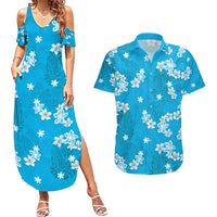 Hawaii Monstera Deliciosa Couples Matching Summer Maxi Dress and Hawaiian Shirt Blue Plumeria Polynesian Pattern - Polynesian Pride