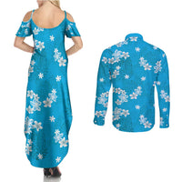 Hawaii Monstera Deliciosa Couples Matching Summer Maxi Dress and Long Sleeve Button Shirt Blue Plumeria Polynesian Pattern - Polynesian Pride