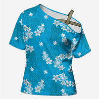 Hawaii Monstera Deliciosa Cross Shoulder Shirt Blue Plumeria Polynesian Pattern LT05 Female Blue - Polynesian Pride