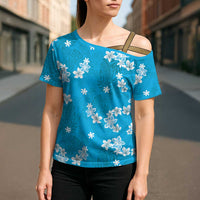 Hawaii Monstera Deliciosa Cross Shoulder Shirt Blue Plumeria Polynesian Pattern LT05 - Polynesian Pride