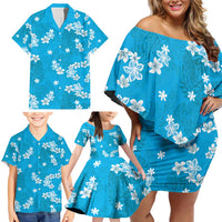Hawaii Monstera Deliciosa Family Matching Off Shoulder Short Dress and Hawaiian Shirt Blue Plumeria Polynesian Pattern - Polynesian Pride
