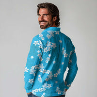 Hawaii Monstera Deliciosa Long Sleeve Polo Shirt Blue Plumeria Polynesian Pattern LT05 - Polynesian Pride