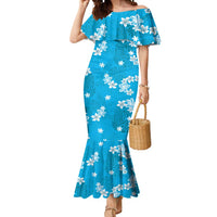 Hawaii Monstera Deliciosa Mermaid Dress Blue Plumeria Polynesian Pattern - Polynesian Pride