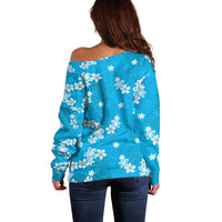 Hawaii Monstera Deliciosa Off Shoulder Sweater Blue Plumeria Polynesian Pattern - Polynesian Pride