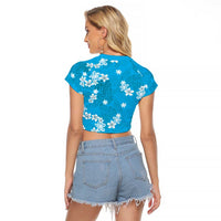Hawaii Monstera Deliciosa Raglan Cropped T Shirt Blue Plumeria Polynesian Pattern - Polynesian Pride