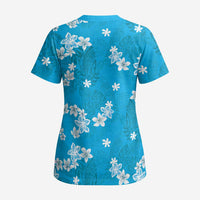 Hawaii Monstera Deliciosa Scrub Top Blue Plumeria Polynesian Pattern - Polynesian Pride