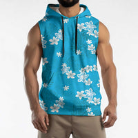 Hawaii Monstera Deliciosa Sleeveless Hoodie Blue Plumeria Polynesian Pattern - Polynesian Pride