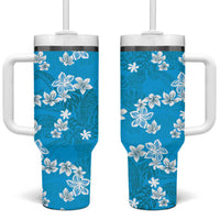 Hawaii Monstera Deliciosa Tumbler With Handle Blue Plumeria Polynesian Pattern - Polynesian Pride