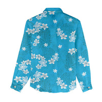 Hawaii Monstera Deliciosa Women Casual Shirt Blue Plumeria Polynesian Pattern - Polynesian Pride