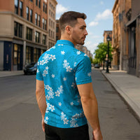 Hawaii Monstera Deliciosa Zipper Polo Shirt Blue Plumeria Polynesian Pattern - Polynesian Pride