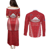 Samoa FAST Couples Matching Puletasi and Long Sleeve Button Shirt Forever Proud Samoan Tribal Pattern - Polynesian Pride
