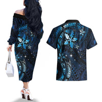 Hawaii Makahiki Season Couples Matching Off The Shoulder Long Sleeve Dress and Hawaiian Shirt Floral Tribal Tattoo Blue Galaxy LT05 - Polynesian Pride