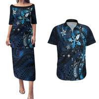 Hawaii Makahiki Season Couples Matching Puletasi and Hawaiian Shirt Floral Tribal Tattoo Blue Galaxy