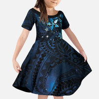 Hawaii Makahiki Season Family Matching Puletasi and Hawaiian Shirt Floral Tribal Tattoo Blue Galaxy LT05 Daughter's Dress Blue - Polynesian Pride