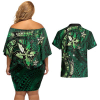 Hawaii Makahiki Season Couples Matching Off Shoulder Short Dress and Hawaiian Shirt Floral Tribal Tattoo Green Galaxy