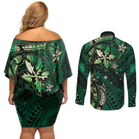 Hawaii Makahiki Season Couples Matching Off Shoulder Short Dress and Long Sleeve Button Shirt Floral Tribal Tattoo Green Galaxy