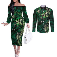 Hawaii Makahiki Season Couples Matching Off The Shoulder Long Sleeve Dress and Long Sleeve Button Shirt Floral Tribal Tattoo Green Galaxy