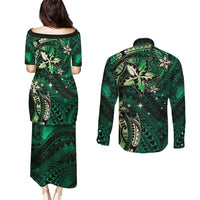 Hawaii Makahiki Season Couples Matching Puletasi and Long Sleeve Button Shirt Floral Tribal Tattoo Green Galaxy