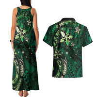 Hawaii Makahiki Season Couples Matching Tank Maxi Dress and Hawaiian Shirt Floral Tribal Tattoo Green Galaxy