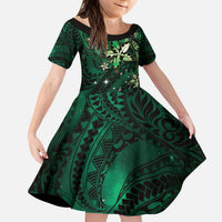 Hawaii Makahiki Season Family Matching Puletasi and Hawaiian Shirt Floral Tribal Tattoo Green Galaxy LT05 Daughter's Dress Green - Polynesian Pride