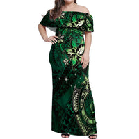 Hawaii Makahiki Season Off Shoulder Maxi Dress Floral Tribal Tattoo Green Galaxy