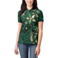 Hawaii Makahiki Season Women Polo Shirt Floral Tribal Tattoo Green Galaxy