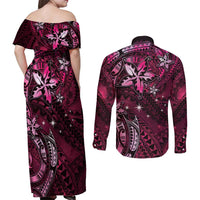 Hawaii Makahiki Season Couples Matching Off Shoulder Maxi Dress and Long Sleeve Button Shirt Floral Tribal Tattoo Pink Galaxy
