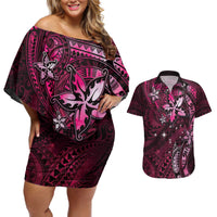 Hawaii Makahiki Season Couples Matching Off Shoulder Short Dress and Hawaiian Shirt Floral Tribal Tattoo Pink Galaxy