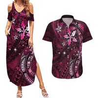Hawaii Makahiki Season Couples Matching Summer Maxi Dress and Hawaiian Shirt Floral Tribal Tattoo Pink Galaxy