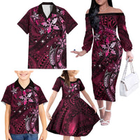 Hawaii Makahiki Season Family Matching Off The Shoulder Long Sleeve Dress and Hawaiian Shirt Floral Tribal Tattoo Pink Galaxy LT05 - Polynesian Pride