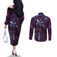 Hawaii Makahiki Season Couples Matching Off The Shoulder Long Sleeve Dress and Long Sleeve Button Shirt Floral Tribal Tattoo Purple Galaxy