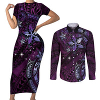 Hawaii Makahiki Season Couples Matching Short Sleeve Bodycon Dress and Long Sleeve Button Shirt Floral Tribal Tattoo Purple Galaxy