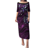 Hawaii Makahiki Season Family Matching Puletasi and Hawaiian Shirt Floral Tribal Tattoo Purple Galaxy LT05 Mom's Dress Purple - Polynesian Pride