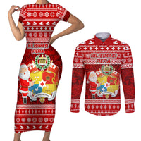 Personalized Tonga Christmas Couples Matching Short Sleeve Bodycon Dress and Long Sleeve Button Shirts Kilisimasi Fiefia Santas Coat Of Arms LT05 Red - Polynesian Pride