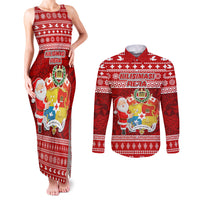 Personalized Tonga Christmas Couples Matching Tank Maxi Dress and Long Sleeve Button Shirts Kilisimasi Fiefia Santas Coat Of Arms LT05 Red - Polynesian Pride