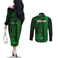 Personalized Hawaii Hauoli Makahiki Hou Couples Matching Off The Shoulder Long Sleeve Dress and Long Sleeve Button Shirts Lono Hawaiian God Kakau Polynesian Tribal Green LT05 - Polynesian Pride