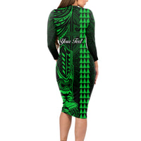 Personalized Hawaii Hauoli Makahiki Hou Long Sleeve Bodycon Dress Lono Hawaiian God Kakau Polynesian Tribal Green LT05 - Polynesian Pride