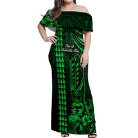 Personalized Hawaii Hauoli Makahiki Hou Off Shoulder Maxi Dress Lono Hawaiian God Kakau Polynesian Tribal Green LT05 Women Green - Polynesian Pride