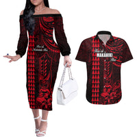 Personalized Hawaii Hauoli Makahiki Hou Couples Matching Off The Shoulder Long Sleeve Dress and Hawaiian Shirt Lono Hawaiian God Kakau Polynesian Tribal Red LT05 Red - Polynesian Pride
