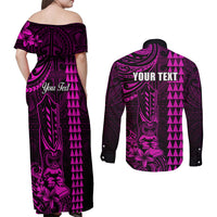 Personalized Hawaii Hauoli Makahiki Hou Couples Matching Off Shoulder Maxi Dress and Long Sleeve Button Shirts Lono Hawaiian God Kakau Polynesian Tribal Pink LT05 - Polynesian Pride