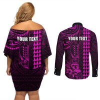 Personalized Hawaii Hauoli Makahiki Hou Couples Matching Off Shoulder Short Dress and Long Sleeve Button Shirts Lono Hawaiian God Kakau Polynesian Tribal Pink LT05 - Polynesian Pride