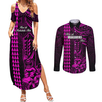 Personalized Hawaii Hauoli Makahiki Hou Couples Matching Summer Maxi Dress and Long Sleeve Button Shirts Lono Hawaiian God Kakau Polynesian Tribal Pink LT05 Pink - Polynesian Pride