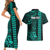 Personalized Hawaii Hauoli Makahiki Hou Couples Matching Short Sleeve Bodycon Dress and Hawaiian Shirt Lono Hawaiian God Kakau Polynesian Tribal Turquoise LT05 - Polynesian Pride
