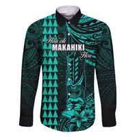 Personalized Hawaii Hauoli Makahiki Hou Family Matching Tank Maxi Dress and Hawaiian Shirt Lono Hawaiian God Kakau Polynesian Tribal Turquoise LT05 Dad's Shirt - Long Sleeve Turquoise - Polynesian Pride
