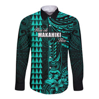 Personalized Hawaii Hauoli Makahiki Hou Long Sleeve Button Shirt Lono Hawaiian God Kakau Polynesian Tribal Turquoise LT05 Unisex Turquoise - Polynesian Pride