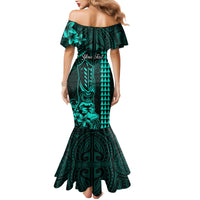 Personalized Hawaii Hauoli Makahiki Hou Mermaid Dress Lono Hawaiian God Kakau Polynesian Tribal Turquoise LT05 - Polynesian Pride